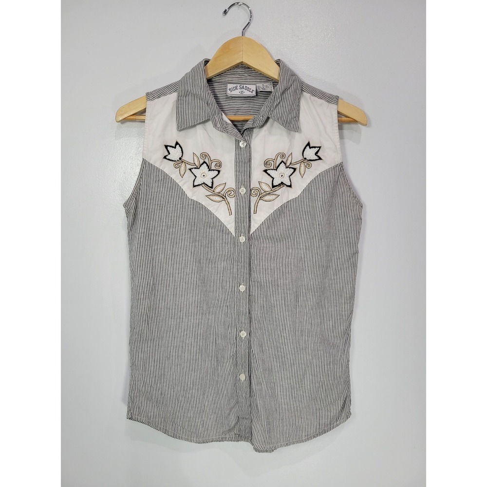 Side Saddle Womens Sleeveless Western Shirt Grey White Striped Floral Beaded S